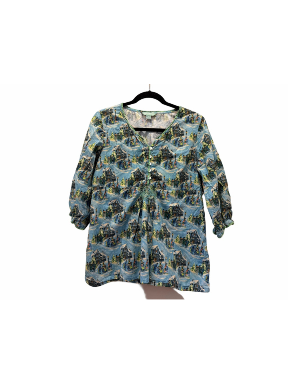 Women's April Cornell Tunic Top Size S Blue Green Christmas Village Print